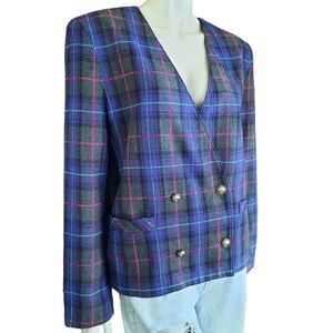 Vintage 80s Blazer size Large Plaid Double Breasted Shoulder Pads
